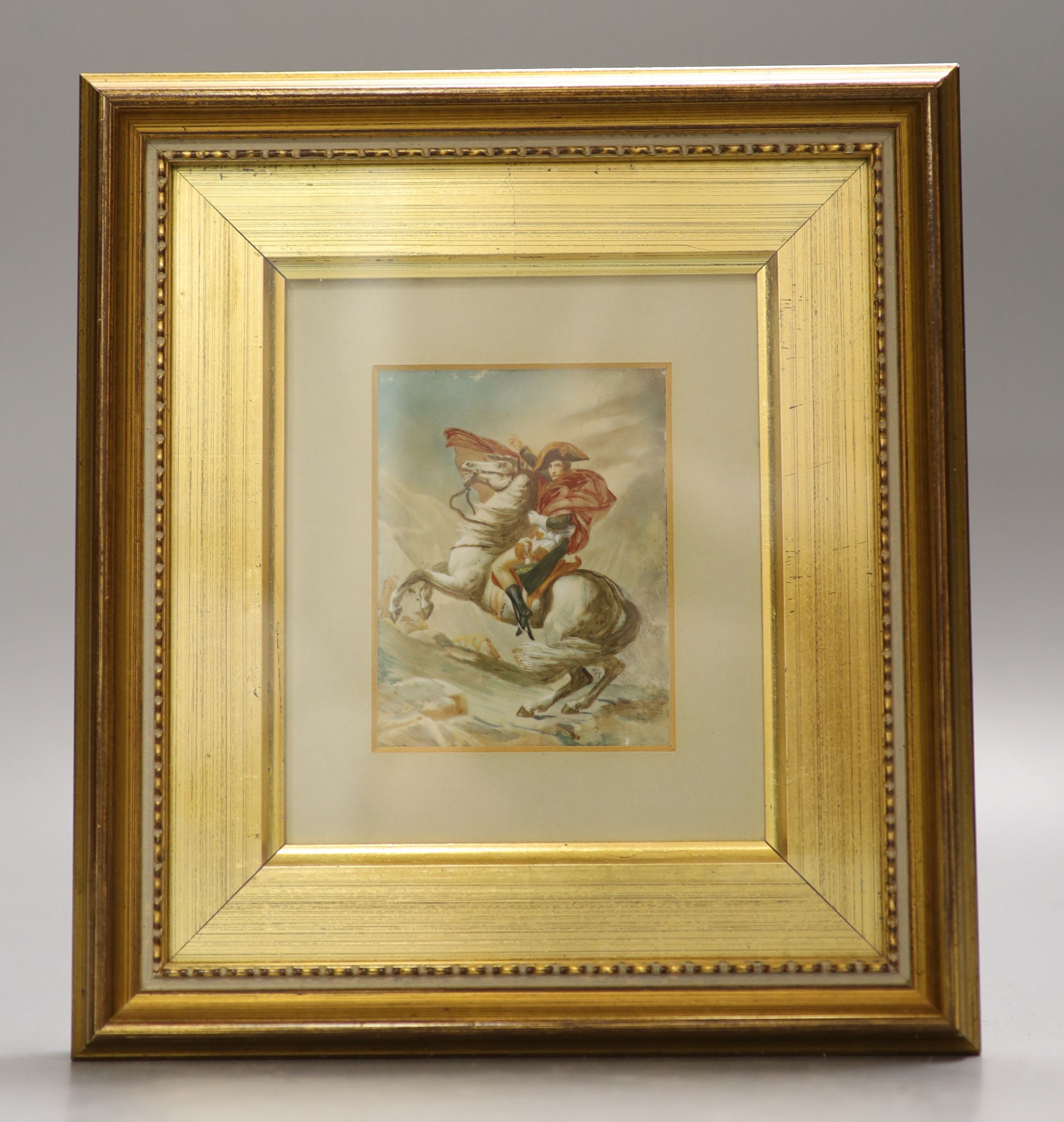 A framed miniature oil painting, Napoleon Crossing the Alps after J. L. David 8x6.5cm